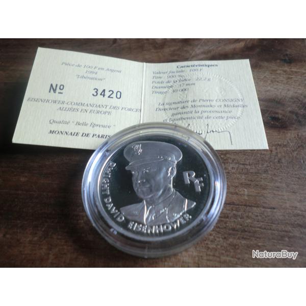 piece 100 francs "argent 1994 "dwight david eisenhower / titre 900%