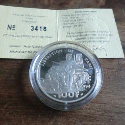 piece 100 francs "argent 1994 " libération de paris / titre 900%