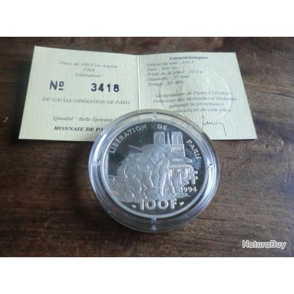 piece 100 francs "argent 1994 " libration de paris / titre 900%