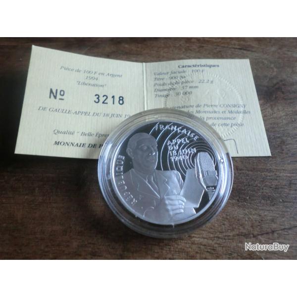 piece 100 francs "argent 1994 " appel du 18 juin 1940 "/ titre 900%