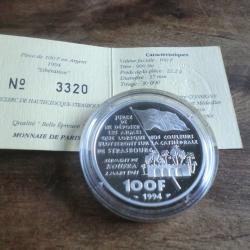 piece 100 francs "argent 1994 " philippe leclerc de hauteclocque  "/ titre 900%