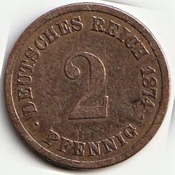 Pièce de Monnaie Allemagne 2 pfennig - Wilhelm I type 1 - petit aigle 1874 A