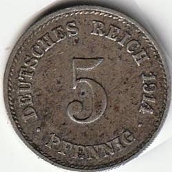 Pièce de Monnaie Allemagne 5 pfennig - Wilhelm II type 2 - grand aigle 1914 F