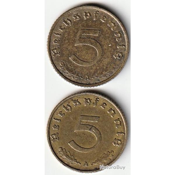 Pice de Monnaie Allemagne Lot 5 reichspfennig 1937 A et 1938 A