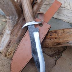 Poignard Bowie Couteau Chasseur Ours Lame Acier Carbone 1075 Manche Bois Etui Cuir Fab Artisanale
