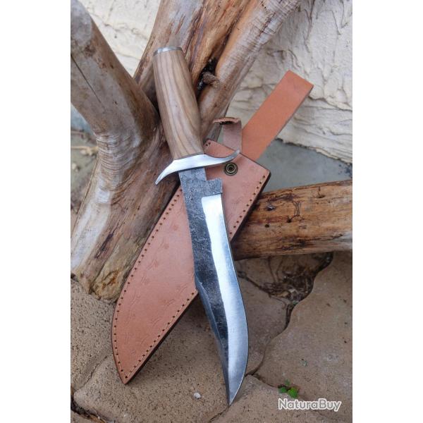 Poignard Bowie Couteau Chasseur Ours Lame Acier Carbone 1075 Manche Bois Etui Cuir Fab Artisanale