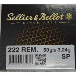 1 BOITE DE 100 MUNITIONS SELLIER & BELLOT CALIBRE 222 REM  SP 50 GR/3.24 G   NEUVE