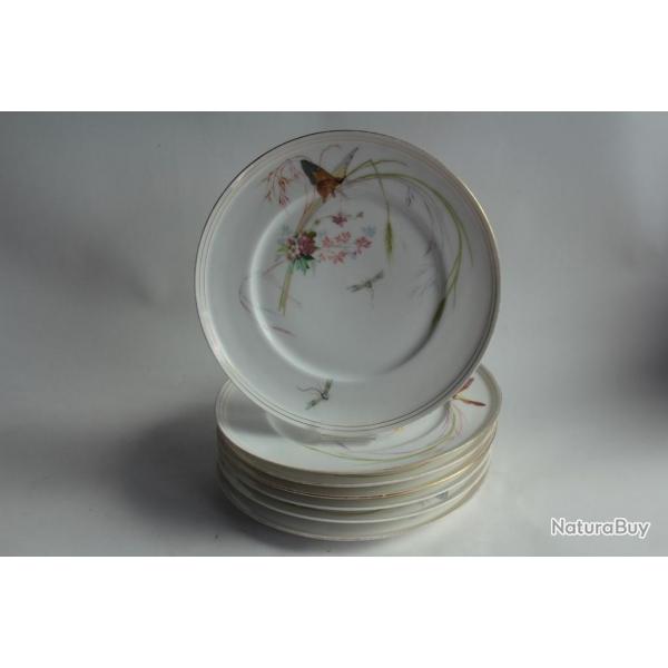 Anciennes assiettes porcelaine fine dcor peint main Fleurs Insectes