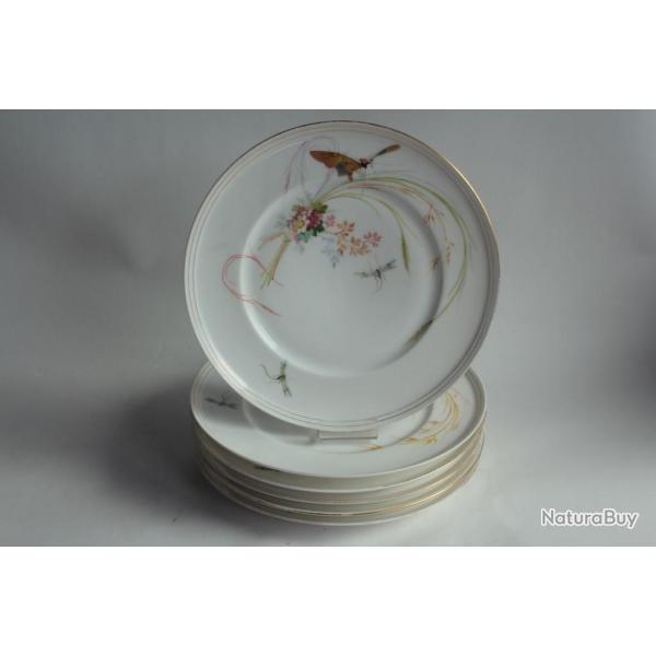 Anciennes assiettes porcelaine fine dcor peint main Fleurs Insectes