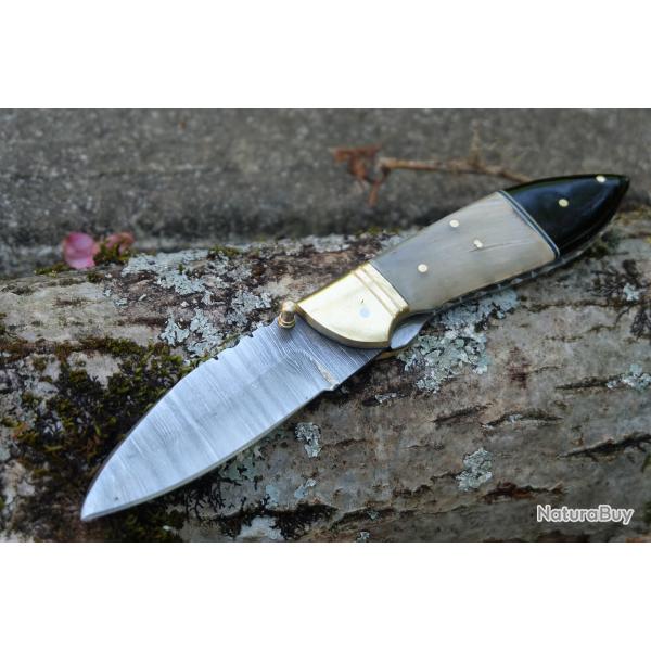 Beau Couteau Damas Lame Sheepfoot 128 Couches Manche Blier & Rsine Fab Artisanale Linerlock