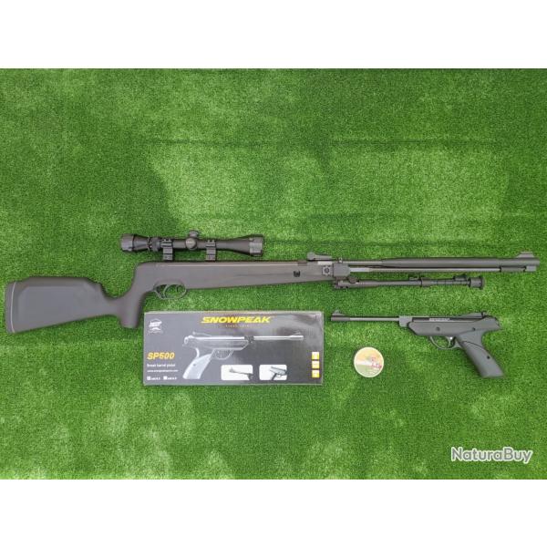 PACK-12 Carabine Piston Snowpeak SU1200S Canon Fixe Cal. 5,5 mm 19,9 j + Pistolet SP500 Cal. 4,5 mm
