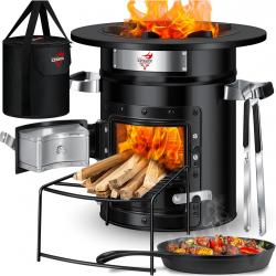 Four-fusée avec poêle à griller en fonte, sac de transport et pince à griller, Dutch Oven BBQ Rakete