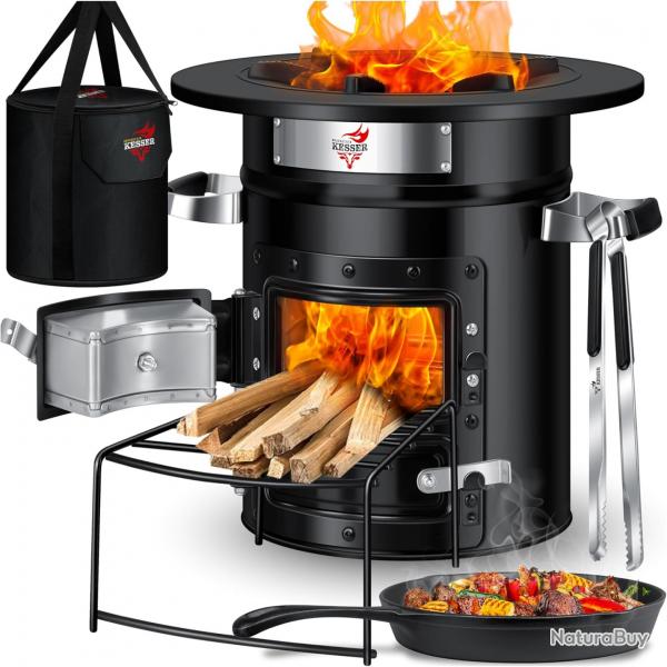 Four-fuse avec pole  griller en fonte, sac de transport et pince  griller, Dutch Oven BBQ Rakete