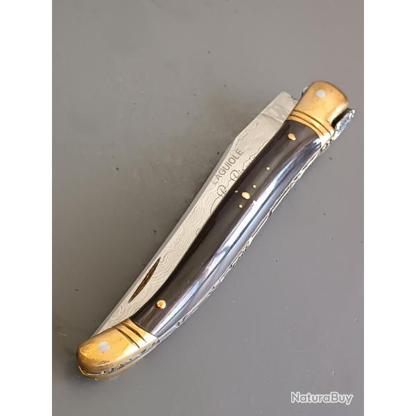 COUTEAU LAGUIOLE, lame DAMAS, par P.PIRONIN, THIERS, manche CORNE, guilloch.