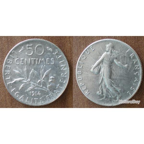 France 50 Centimes 1914 Piece Argent Semeuse Centime de Franc