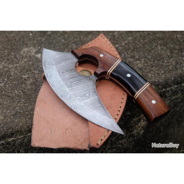 Couteau d'Esquimau Inuit Ulu Lame Acier Damas 256 Couches Manche Bois&Rsine Etui Cuir F Artisan 01
