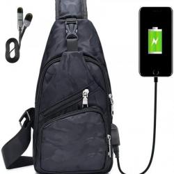 Sac à Dos Sacoche Bandoulière Chargement USB Vélo Course Camping Randonnée Voyage Camouflage Noir