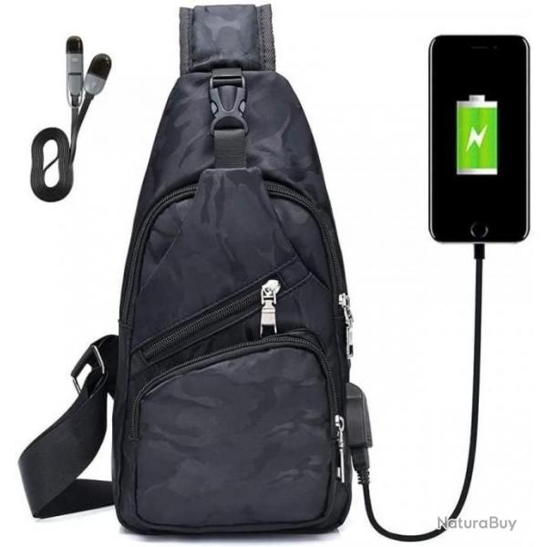 Sac  Dos Sacoche Bandoulire Chargement USB Vlo Course Camping Randonne Voyage Camouflage Noir