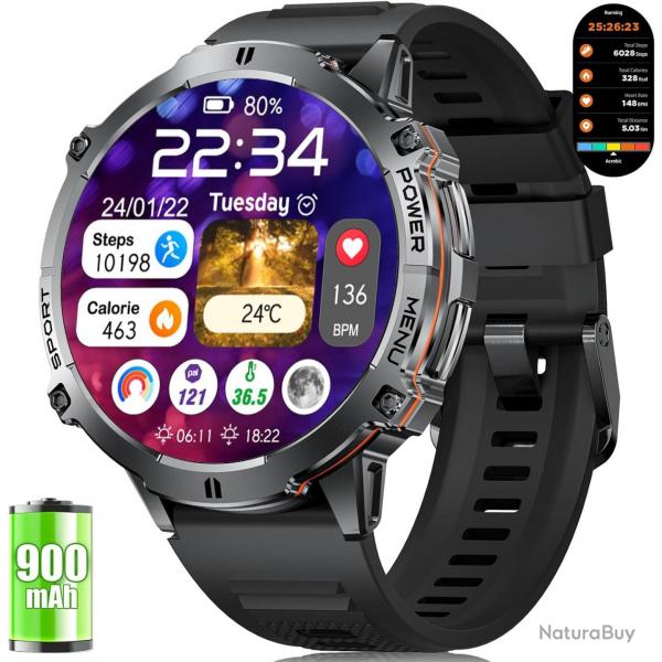 Montre Connecte Homme avec 900mAh, 1,73'' AMOLED Grand cran Montre Connecte Militaire avec Kompas