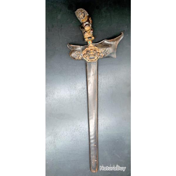 ANCIEN IMPOSANT KRIS / KERIS INDONESIEN, XIX SIECLE, MAGNIFIQUE LAME A 14 ONDULATIONS, KRISS RARE