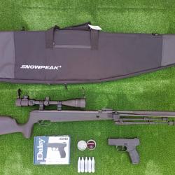 PACK-15 Carabine Piston gaz Snowpeak  SU1200S, Canon Fixe Cal. 5,5 mm 19,9 j. + Pistolet Daisy 426