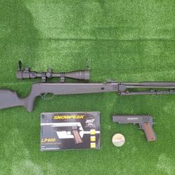 PACK-18 Carabine Piston gaz Snowpeak SU1200S, Canon Fixe Cal. 5,5mm 19,9 j.+ Pistolet LP400 4,5 mm
