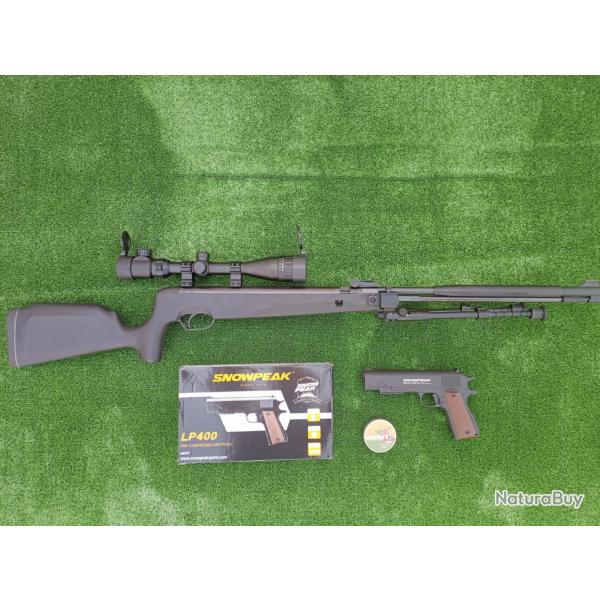 PACK-18 Carabine Piston gaz Snowpeak SU1200S, Canon Fixe Cal. 4,5mm 19,9 j.+ Pistolet LP400 4,5 mm