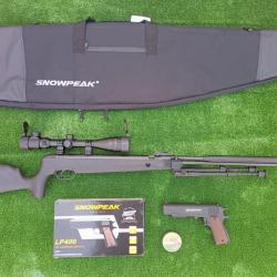 PACK-16 Carabine Piston gaz Snowpeak SU1200S, Canon Fixe Cal. 5,5mm 19,9 j.+ Pistolet LP400 4,5 mm