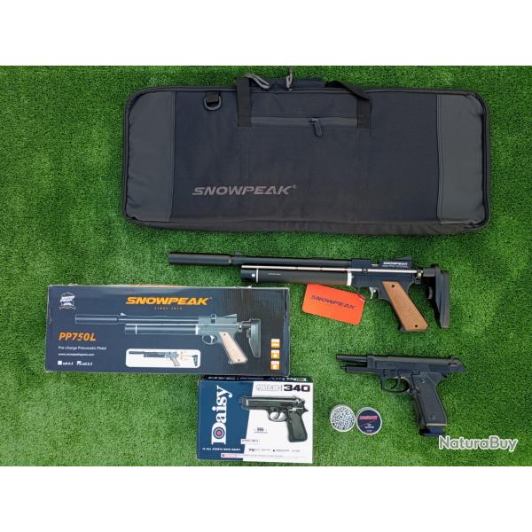 PACK COMBIN-5 ! Pistolet Snowpeak PP750L 4,5mm  + Sac Transport + Pistolet Daisy 340 Ressort Bbs