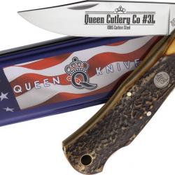 Couteau Queen Cutlery Lame Clip Point Acier Carbone 1095 Manche Bois Cerf Backlock USA QGSH106