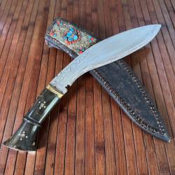 NÉPAL COUTEAU KUKRI FOURREAU CUIR MANCHE EN CORNE DE BUFFLE D'EAU