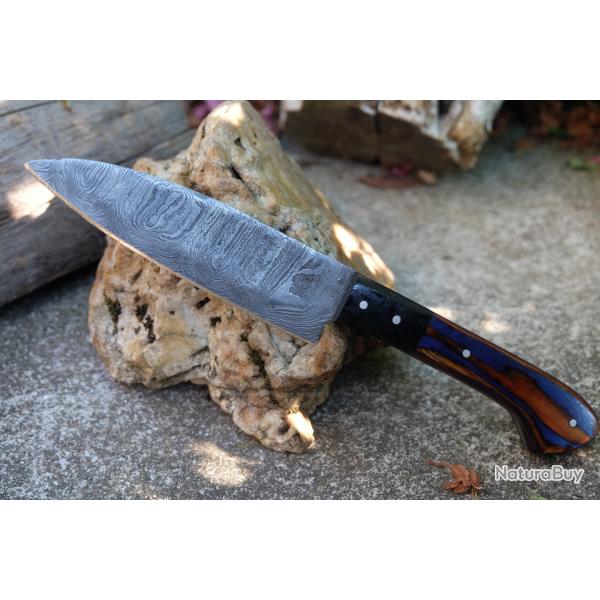 Couteau De Cuisine Santoku Lame Acier Damas 256 Couches Manche 2 Bois Fabrication Artisanale