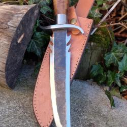 Poignard Bowie Couteau Elfique Lame Acier Carbone 1075 Manche Bois Etui Cuir Fab Artisanale 001