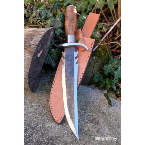 Poignard Bowie Couteau Elfique Lame Acier Carbone 1075 Manche Bois Etui Cuir Fab Artisanale 001