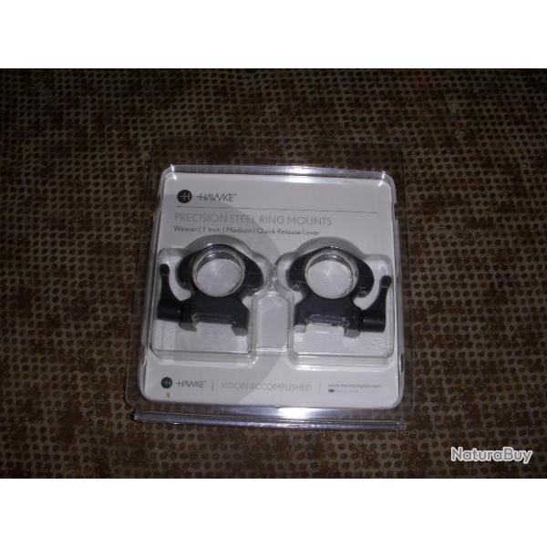 paire de collier amovible a levier HAWKE  PRECISION STEEL RING MOUNT de 25,4 mm hauteur : MEDIUM