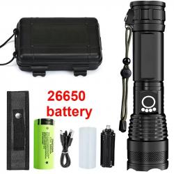 Lampe Poche LED Rechargeable Zoom Télescopique Haute Puissance Alliage Camping pêche Batterie 26650