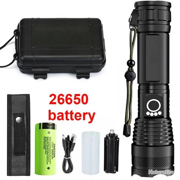 Lampe Poche LED Rechargeable Zoom Tlescopique Haute Puissance Alliage Camping pche Batterie 26650