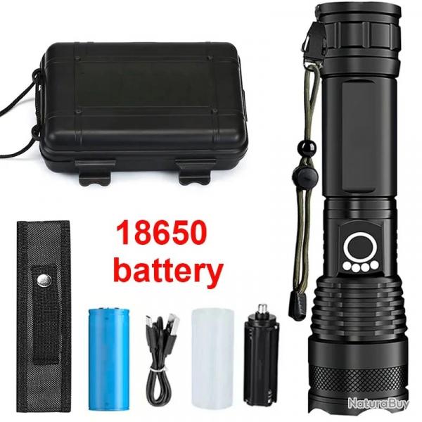 Lampe Poche LED Rechargeable Zoom Tlescopique Haute Puissance Alliage Camping pche Batterie 18650