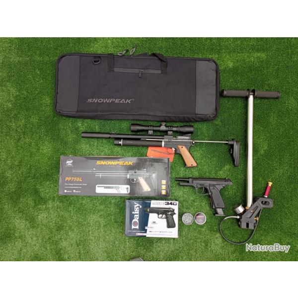 PACK COMBIN-8 ! Pistolet Snowpeak PP750L 5,5mm  + Sac Transport + Daisy 340 Bbs + Lunette 4 x 32