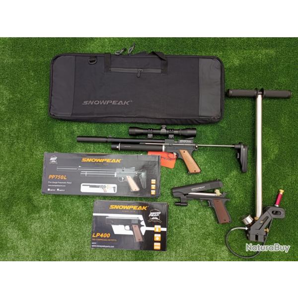 PACK COMBIN-12 ! Pist. Snowpeak PP750L 4,5mm + Lunette + Pompe Pcp + Pistolet-Laser PCP LP400 4,5