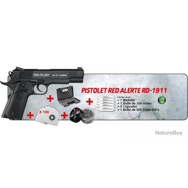 Pack pistolet  plomb 4,5 mm BB Red Alert RD-1911 Blow-back (3 joules) - PACK CERISE 2025