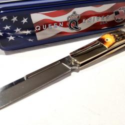 Couteau Queen Cutlery Barlow Lame Acier Carbone 1095 Manche Bois de Cerf Slip Joint USA QGSH180