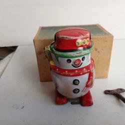 jouet bonhomme de neige en métal blanc 1961 fonctionne avec clef hauteur 8 cm