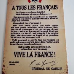 PLAQUE MÉTAL  "APPEL DU 18 JUIN""