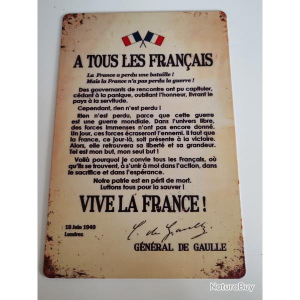 PLAQUE MTAL  "APPEL DU 18 JUIN""