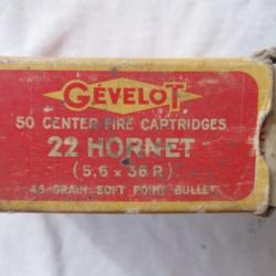 1 Boîte ancienne avec 11 cartouches de calibre 22  hornet .GEVELOT.