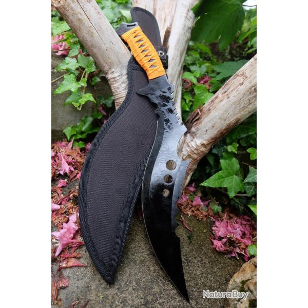 Couteau Kukkri Parang Fantaisie Lame Acier 3Cr13 Manche Cordelette Tresse Etui Nylon Tactical 01