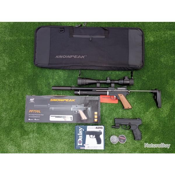 PACK COMBIN-13 ! Pist. Snowpeak PP750L 5,5mm + Lunette + Pistolet-Laser Daisy 426 Co2 Cal. 4,5 mm
