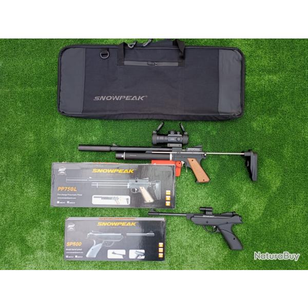 PACK COMBIN-16 ! Pistolet PCP Snowpeak PP750L C. 4,5 mm + Sac + Lunette Point Rouge + SP500 4,5 mm