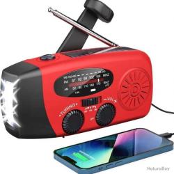RADIO SOLAIRE MULTIFONCTION AVEC MANIVELLE POWERBANK ET LAMPE TORCHE - ROUGE - LIVRAISON GRATUITE